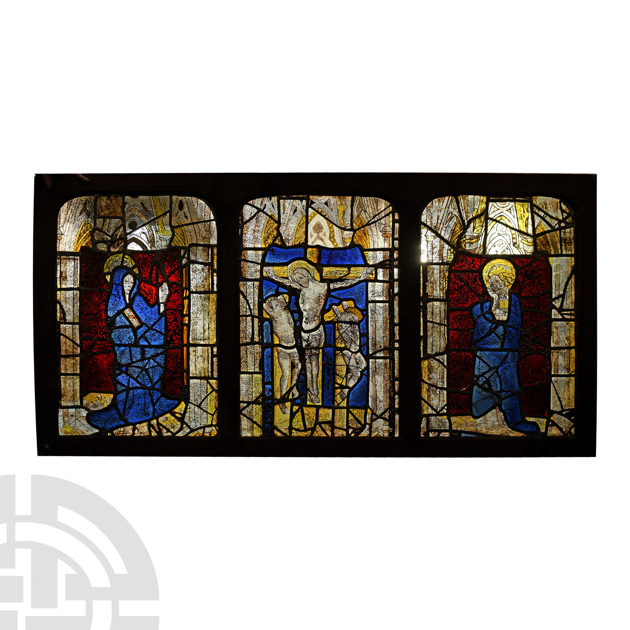 Very Large Medieval Stained Glass Crucifixion Triptych
