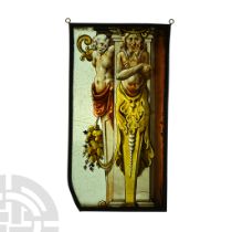 Renaissance Stained Glass Panel with Two Grotesque Caryatid Herms