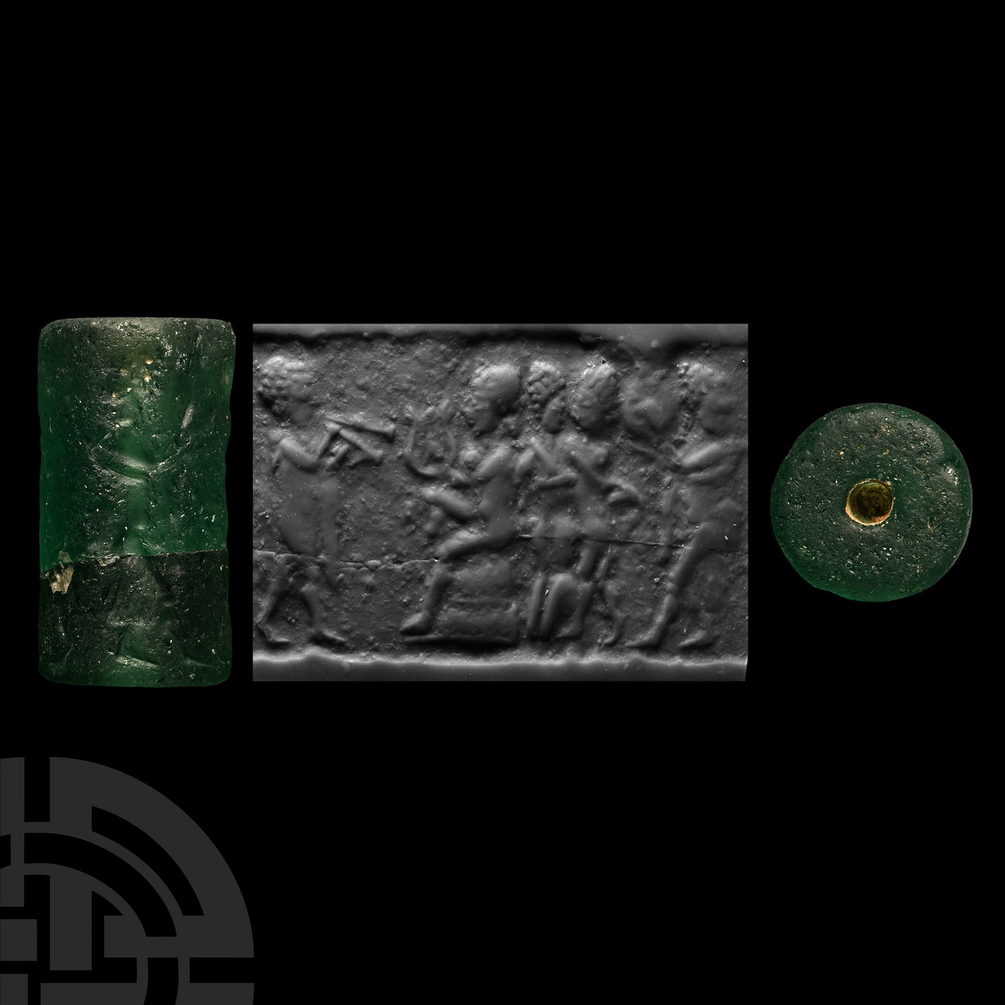 Western Asiatic Green Glass Cylinder Seal with Entertainment Scene