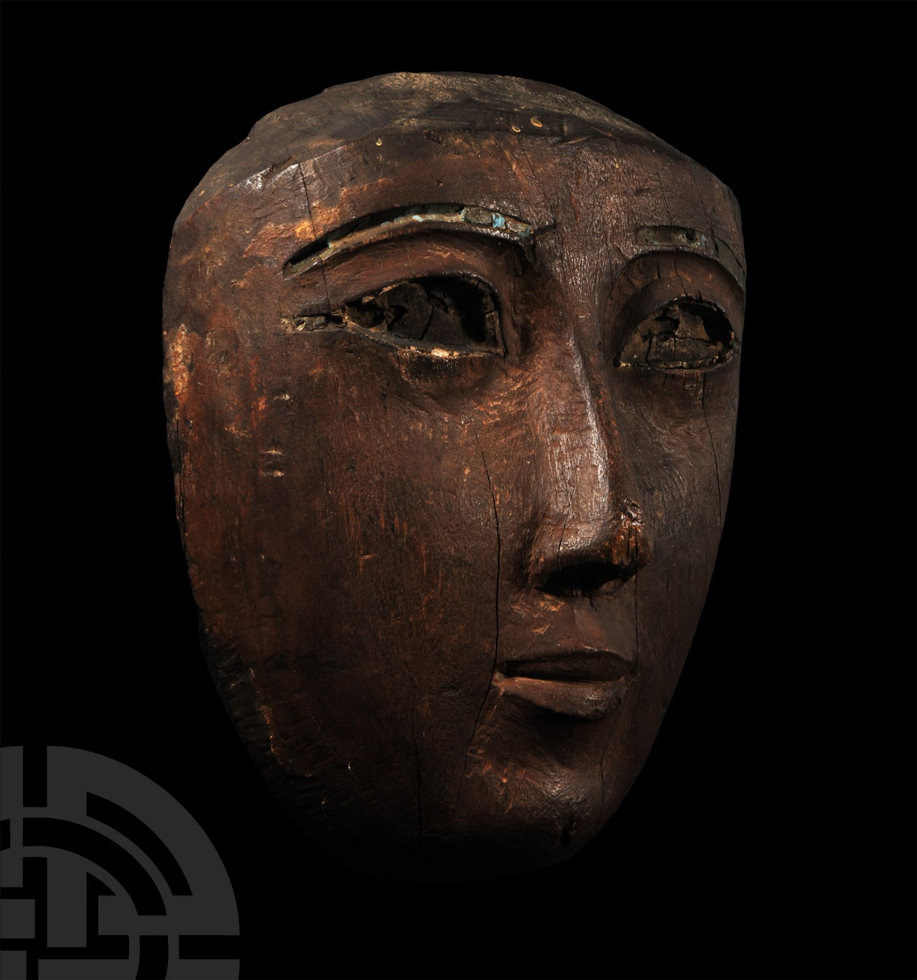 Egyptian Wooden Mummy Mask with Egyptian Blue Inlaid Eyebrows - Image 3 of 3