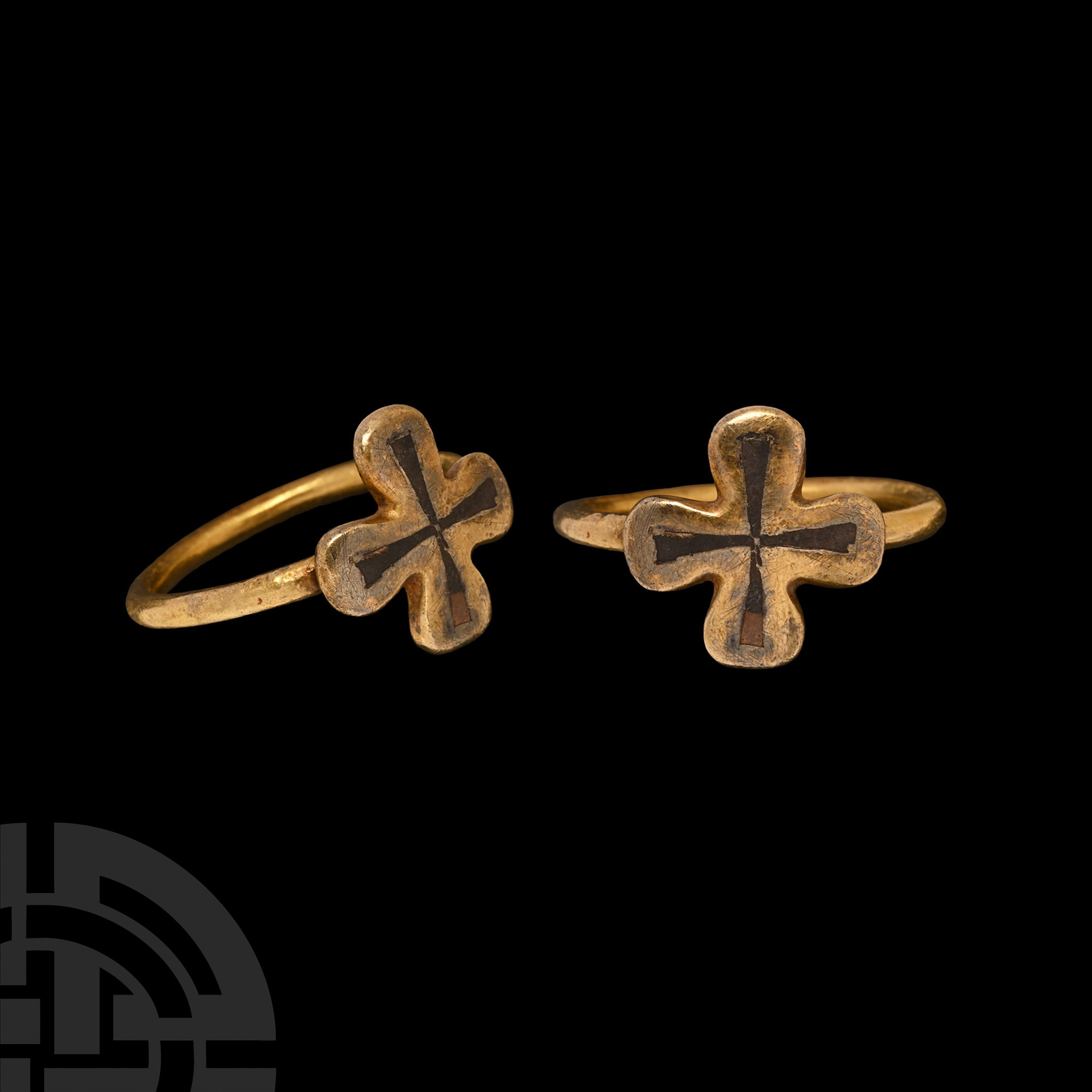 Byzantine Style Gold Ring with Inlaid Niello Cross