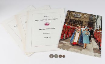 An Elizabeth II four-coin Maundy set 1977 and three Office for the Royal Maundy Westminster Abbey