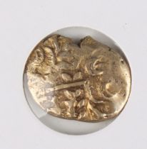 An early uninscribed Celtic gold stater, British Chute type, with devolved Apollo head and