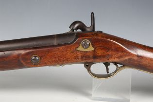 A George III and later percussion musket with round barrel, barrel length 87cm, the lock marked with