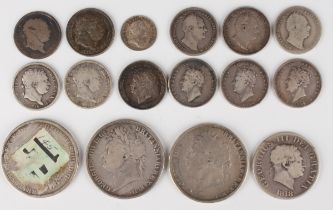 A collection of early 19th century silver coinage, including three George IV crowns, all 1821, a