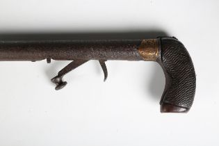 A 19th century percussion walking cane gun with steel barrel, barrel length 89cm, folding percussion