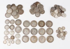 A collection of British silver and silver nickel coinage, including half-crowns, florins, shillings,