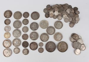 A collection of Victorian and later silver coinage, including crowns, half-crowns, shillings,