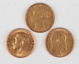 A Victoria Young Head sovereign 1882, Sydney Mint, an Edward VII sovereign 1910 and a George V