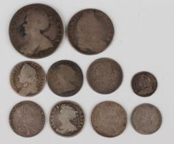 A George I shilling 1723 SSC and a group of other 17th and 18th century silver coins, including an