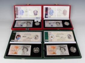 A group of four Elizabeth II Royal Mint Bank of England silver proof five pounds crown and
