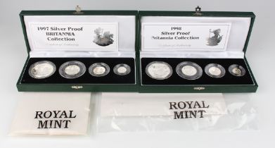 Two Elizabeth II Royal Mint silver proof Britannia four-coin sets, 1997 and 1998, both cased with