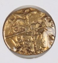 An early uninscribed Celtic gold stater, British Westerham type, with devolved Apollo head and