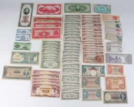 A collection of Chinese and South-east Asian banknotes, including a Central Bank of China ten