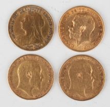 A group of four half-sovereigns, comprising a Victoria 1896 (probably a jeweller’s copy), two Edward