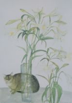 Elizabeth Violet Blackadder – Cat and Lilies, 20th century colour print, signed and editioned 13/350