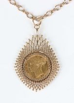 A 9ct gold pendant, mounted with a Victoria Young Head sovereign 1879 M, length 5cm, with a 9ct gold