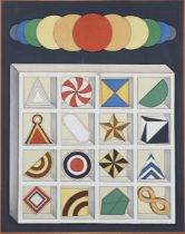 After Lucio del Pezzo – Casellario, 20th century acrylic on fabric, 112cm x 88cm, within a gilt