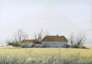 Paul Evans – Farm Buildings in a Landscape, 20th century watercolour with gouache, signed, 34cm x