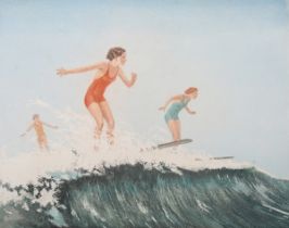 Nat Long [Nathaniel John Long] – ‘The Surfriders’, mid-20th century etching with aquatint, signed,