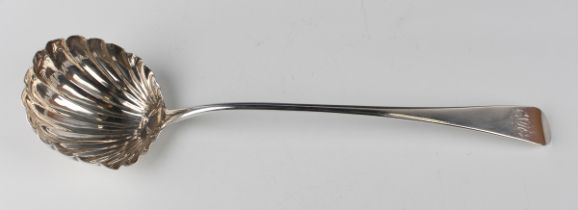A George III silver Old English pattern soup ladle with scallop shell bowl, London 1792 by WS,