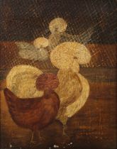 British Primitive and Naïve School – Fancy Chickens, 20th century oil on canvas laid onto board,