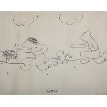 James Thurber – ‘Faster’, 20th century ink, signed and titled, 20cm x 26cm, within an ebonized