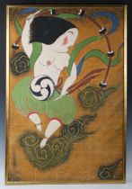 After Mayumi Oda – Thunder Goddess, 20th century acrylic on fabric, 110cm x 73cm, within a gilt