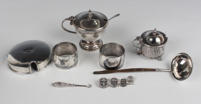 A small group of silver, including a circular mustard, Birmingham 1938, a small toddy ladle with