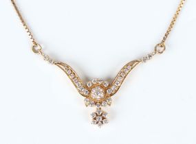 A gold and diamond necklace, the front of twin scroll and cluster design, mounted with circular