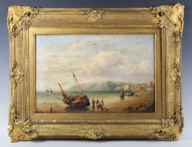 British School – Coastal Landscape with Sailing Vessels and Figures on a Beach, 19th century oil