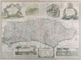 Emanuel Bowen - 'An Accurate Map of the County of Sussex', 18th century engraving with later hand-