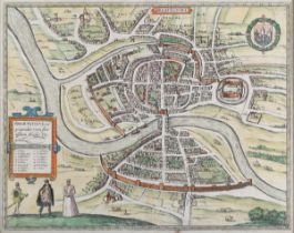 Georg Braun and Franz Hogenberg - 'Brightstowe' (Map of Bristol), engraving with later hand-