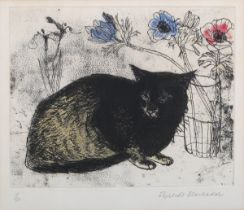 Elizabeth Violet Blackadder – Cat and Flowers, 20th century etching with aquatint, signed and