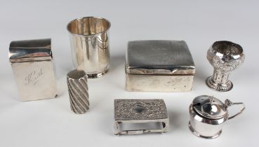A group of silver, including a playing card box with domed hinged lid, Birmingham 1909, height