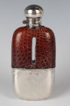 An Edwardian silver mounted and leather covered cut glass hip flask with detachable cup, Sheffield