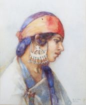 Elizabeth Fry – Portrait of a Lady wearing North African costume, watercolour, signed and dated
