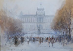 Roy Hammond – ‘Christmas Shoppers in Wenceslas Square, Prague’, 20th century watercolour with