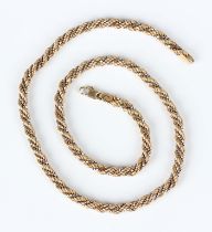 A 9ct two colour gold entwined ropetwist and box link neckchain on a sprung hook shaped clasp,