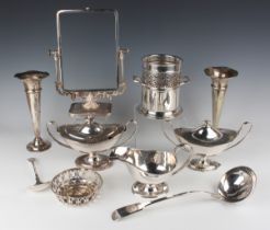 A collection of plated items, including two sauce tureens and covers, a dressing table swing