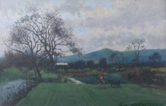 Walter Percy Woodington – Landscape with Figure and Dog, 20th century oil on board, signed and