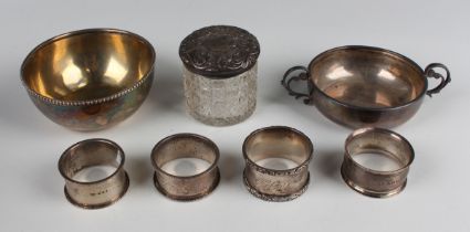 An Edward VIII silver shallow circular bowl, flanked by two scroll handles, Birmingham 1936 by