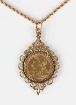 A 9ct gold pendant, mounted with a Victoria Old Head sovereign 1899, length 5.2cm, with a gold