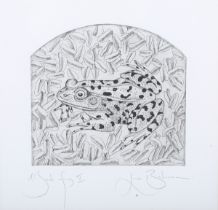 Louise Beckerman – ‘Marsh Frog II’, 20th century etching, signed and titled in pencil, 20.5cm x 21.