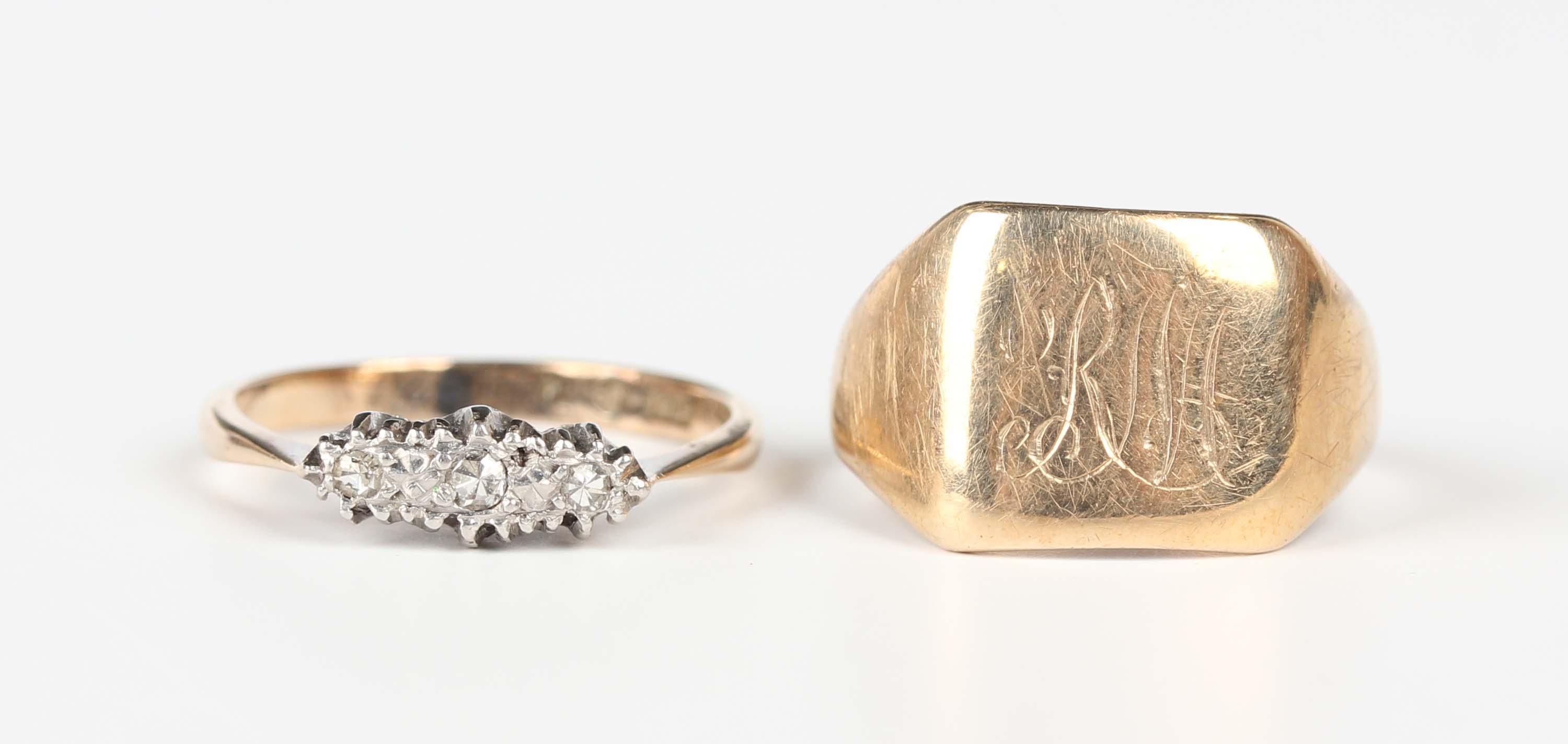 A gold, platinum and diamond three stone ring, mounted with circular cut diamonds, detailed '9ct - Image 4 of 4