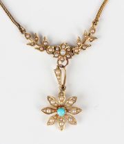 An Edwardian gold, seed pearl and turquoise pendant necklace, the front with a flowerhead shaped