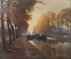 Henri Jourdain – Canal Scene with Barges, late 19th/early 20th century watercolour with gouache,