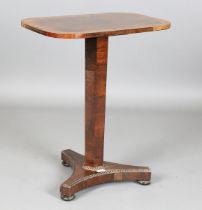 A Regency rosewood rectangular wine table, crossbanded in pollard oak, on a hexagonal column,