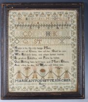 A George III needlework sampler by Marie Antoinette Kircher, aged 8, dated 1801, finely worked in