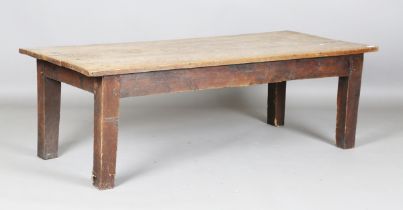 A 19th century and later oak rectangular coffee table, the three-plank top on substantial block